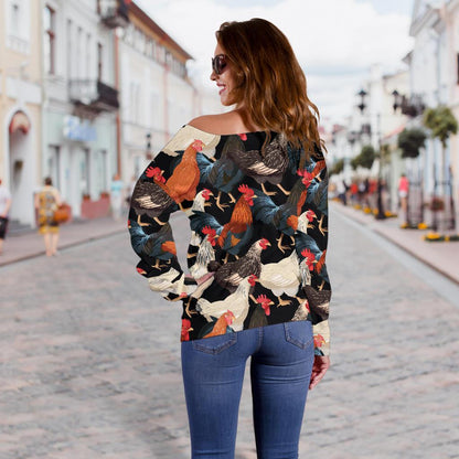 Chicken Print Pattern Off Shoulder Sweatshirt