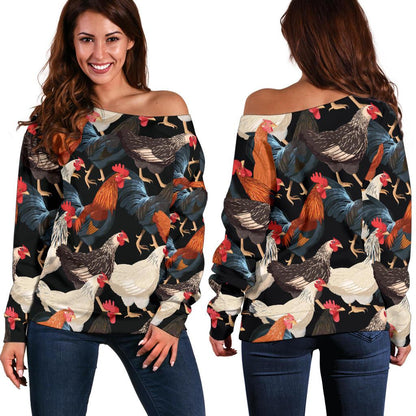 Chicken Print Pattern Off Shoulder Sweatshirt