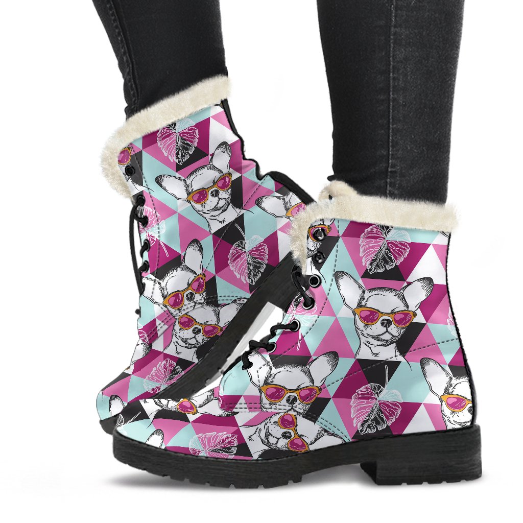 Chihuahua Cute Triangle Pattern Faux Fur Leather Boots-JTAMIGO.COM