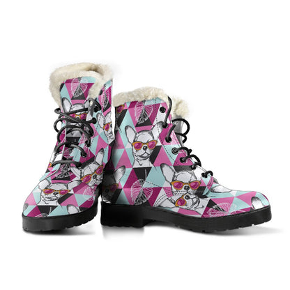 Chihuahua Cute Triangle Pattern Faux Fur Leather Boots-JTAMIGO.COM