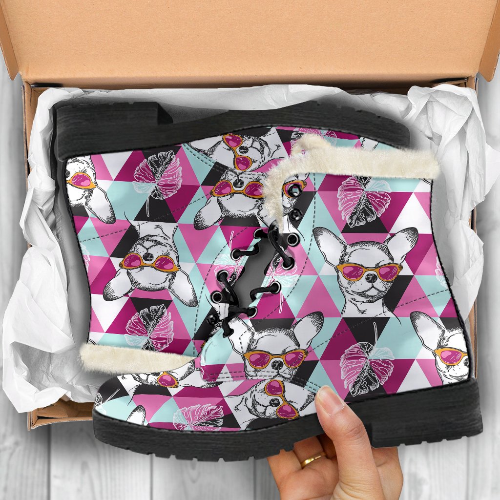 Chihuahua Cute Triangle Pattern Faux Fur Leather Boots-JTAMIGO.COM