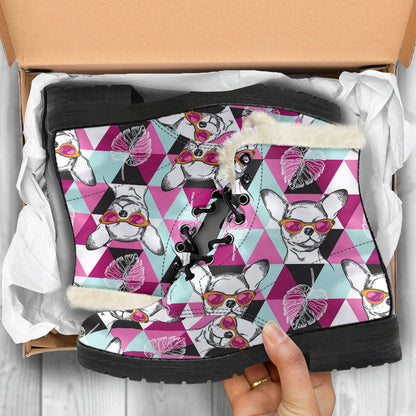 Chihuahua Cute Triangle Pattern Faux Fur Leather Boots-JTAMIGO.COM