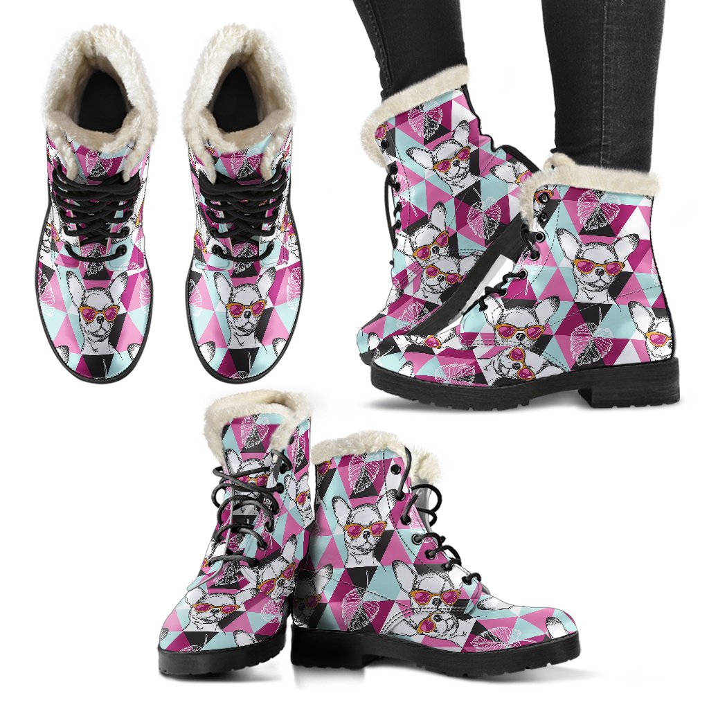 Chihuahua Cute Triangle Pattern Faux Fur Leather Boots-JTAMIGO.COM