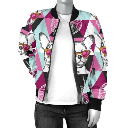 Chihuahua Cute Triangle Pattern Women Casual Bomber Jacket