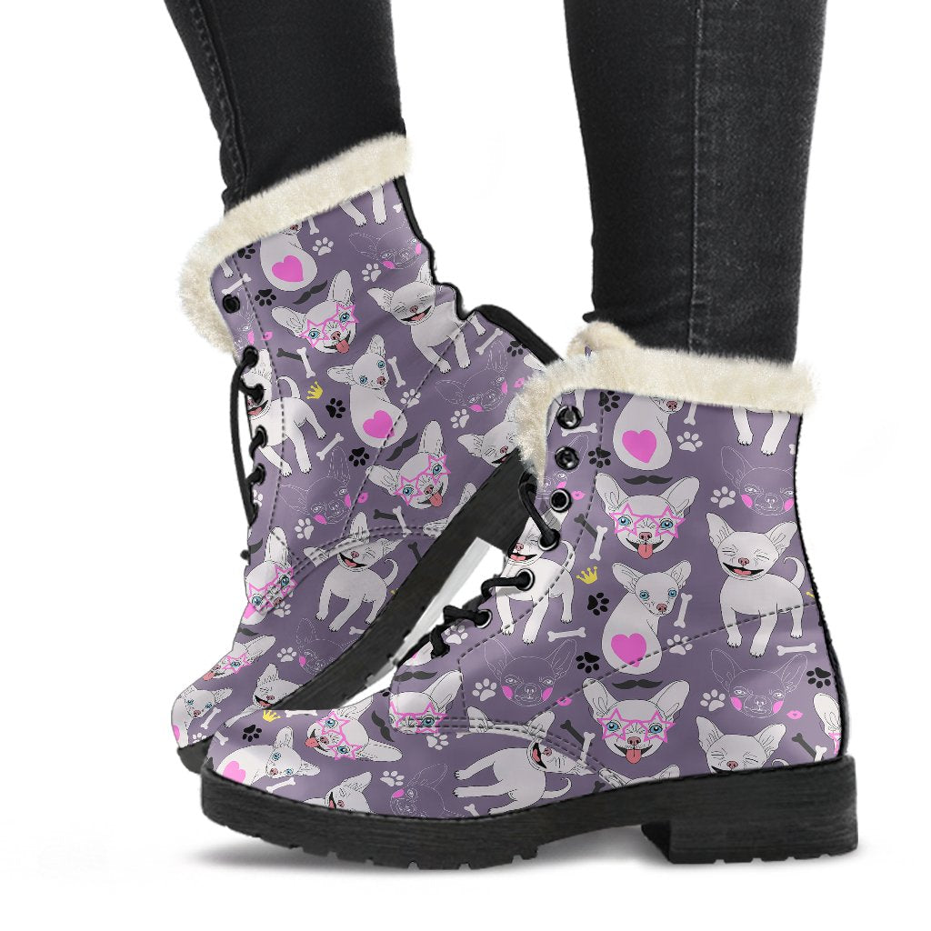 Chihuahua Happy Pattern Faux Fur Leather Boots-JTAMIGO.COM