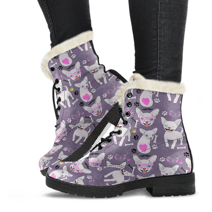 Chihuahua Happy Pattern Faux Fur Leather Boots-JTAMIGO.COM