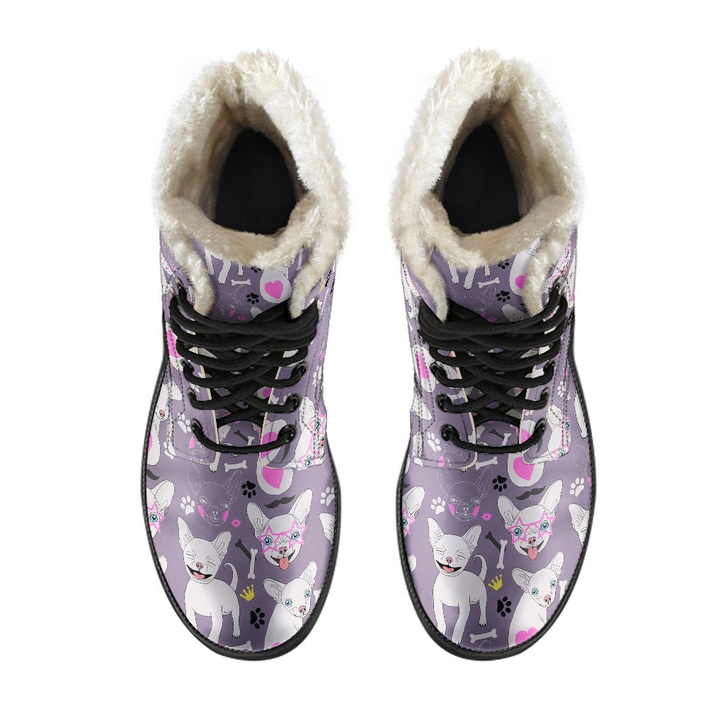 Chihuahua Happy Pattern Faux Fur Leather Boots-JTAMIGO.COM
