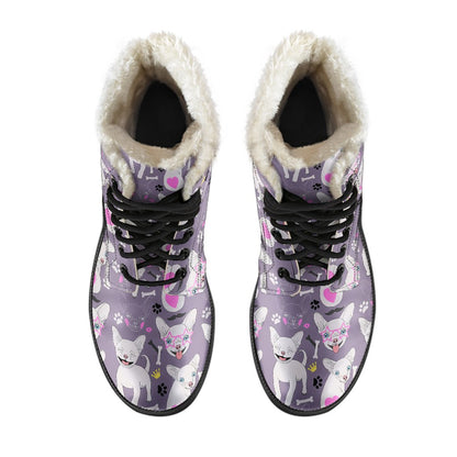 Chihuahua Happy Pattern Faux Fur Leather Boots-JTAMIGO.COM