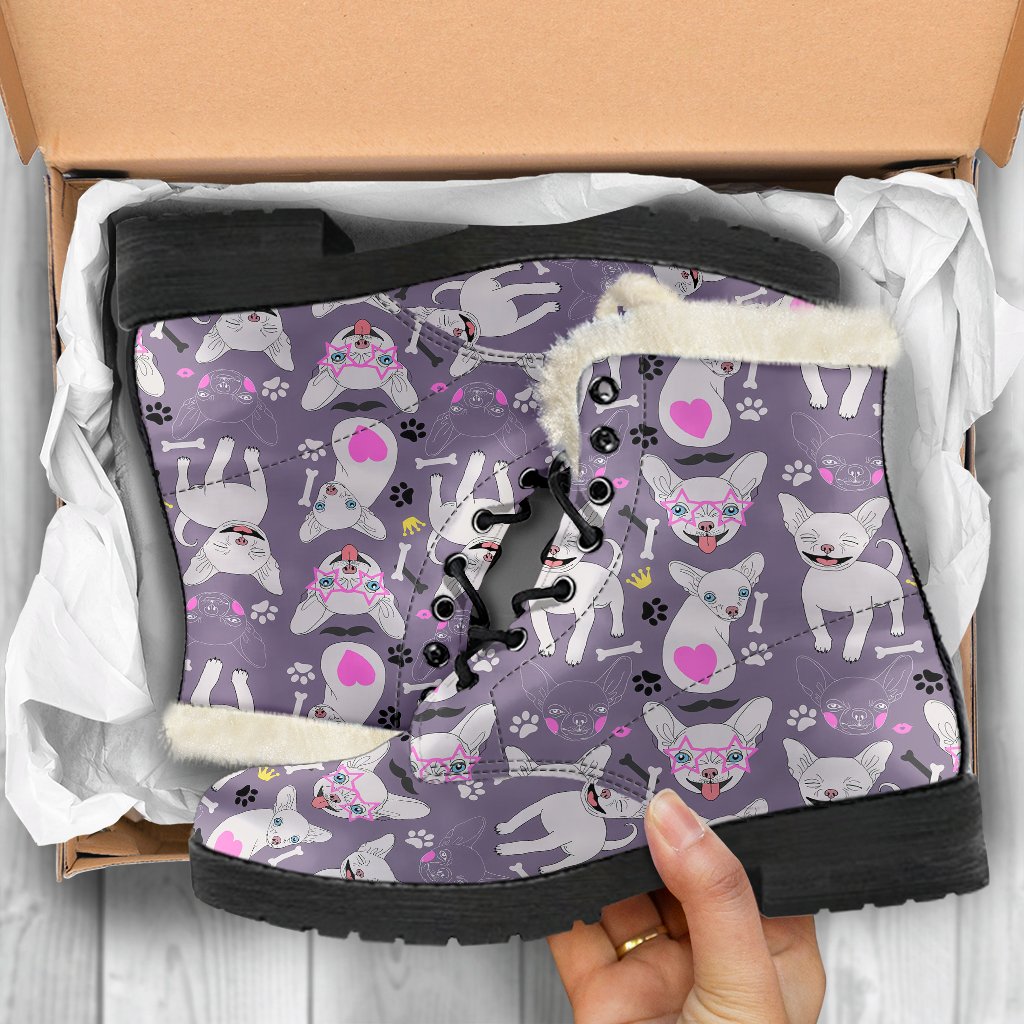 Chihuahua Happy Pattern Faux Fur Leather Boots-JTAMIGO.COM