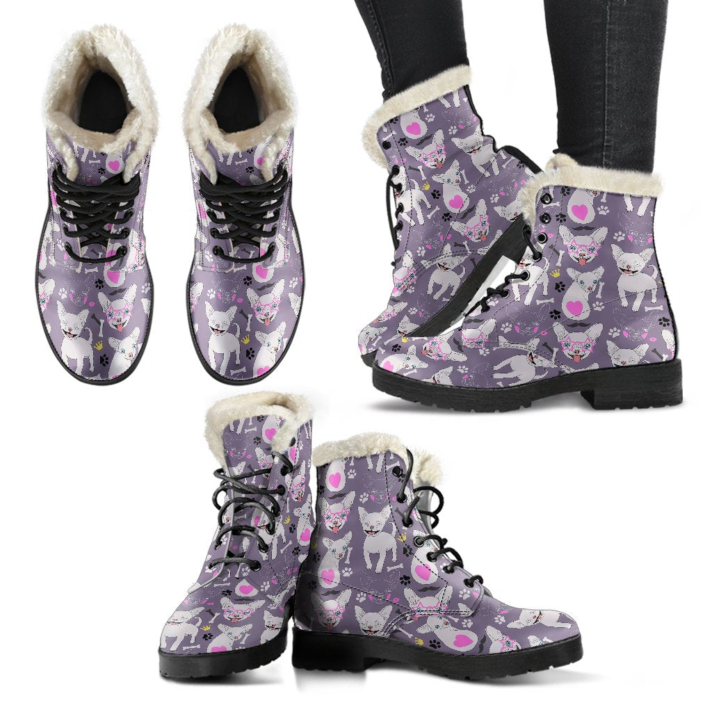 Chihuahua Happy Pattern Faux Fur Leather Boots-JTAMIGO.COM