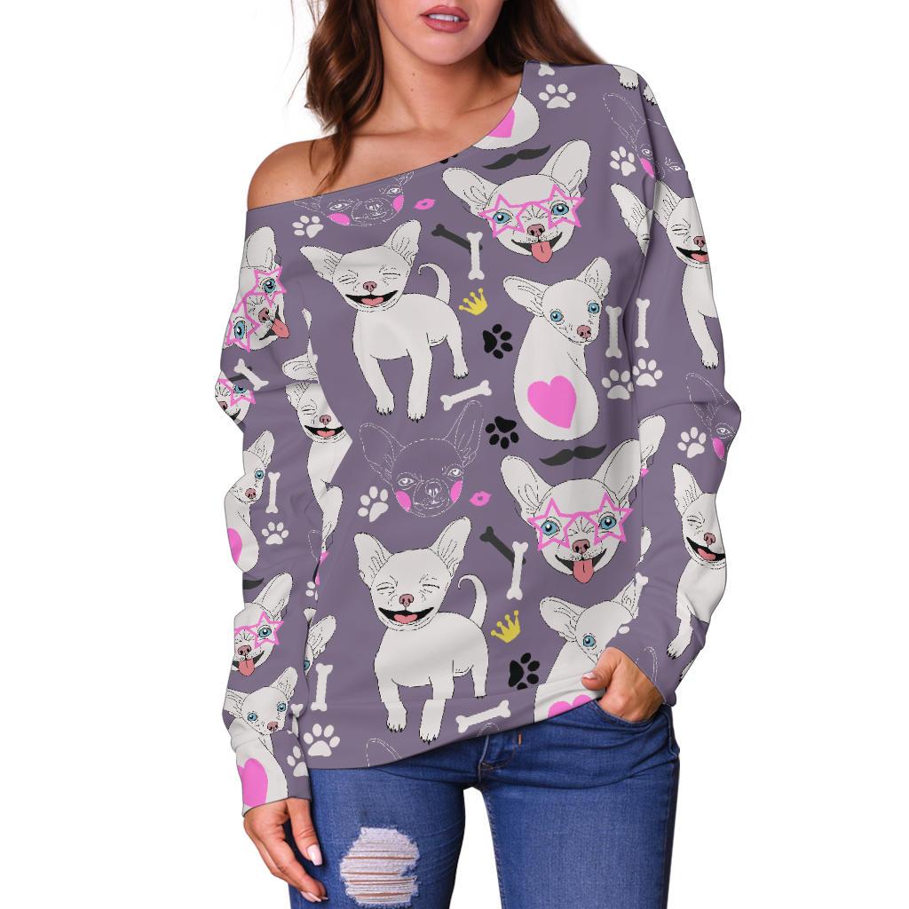 Chihuahua Happy Pattern Off Shoulder Sweatshirt