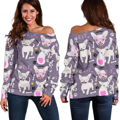 Chihuahua Happy Pattern Off Shoulder Sweatshirt