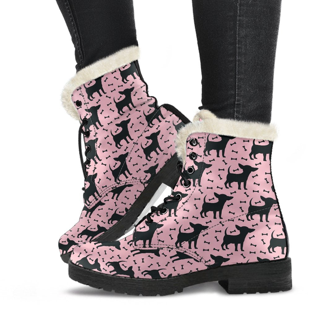 Chihuahua Pink Print Pattern Faux Fur Leather Boots-JTAMIGO.COM