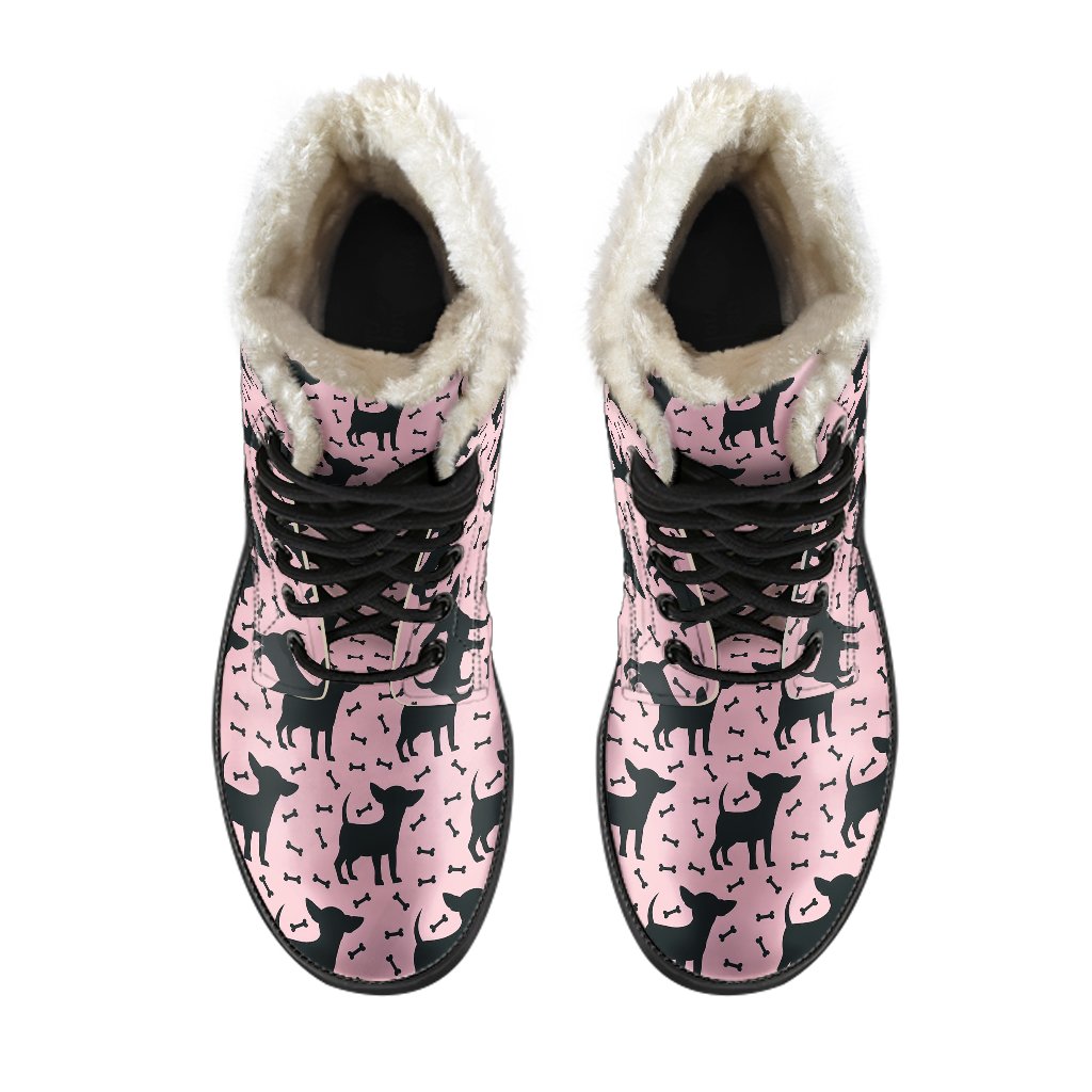 Chihuahua Pink Print Pattern Faux Fur Leather Boots-JTAMIGO.COM