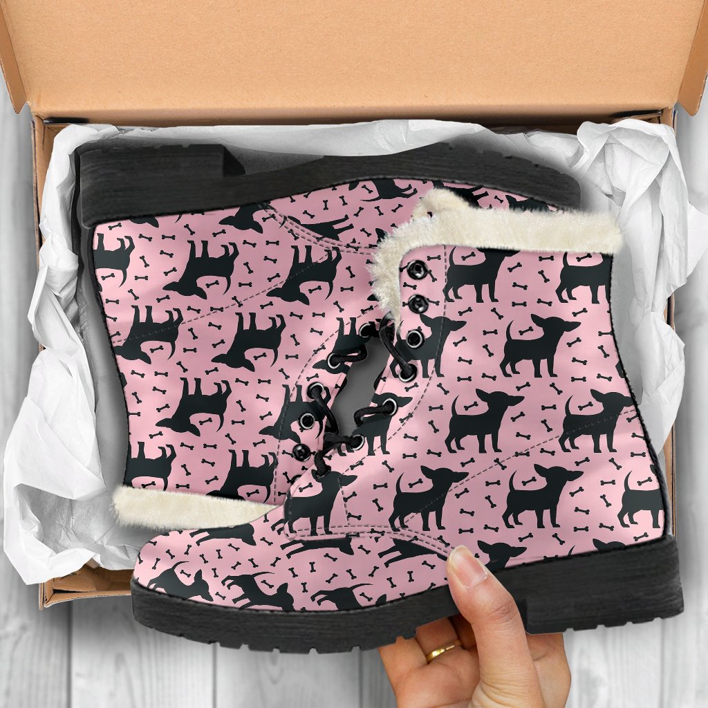 Chihuahua Pink Print Pattern Faux Fur Leather Boots-JTAMIGO.COM