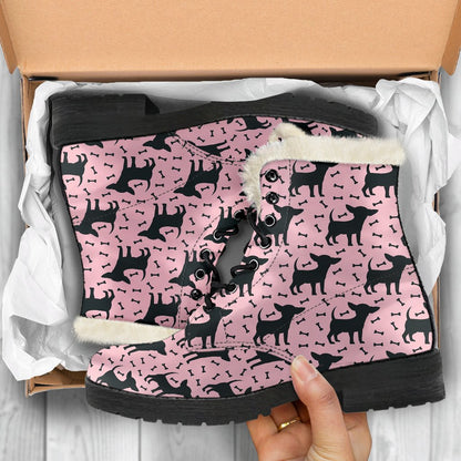 Chihuahua Pink Print Pattern Faux Fur Leather Boots-JTAMIGO.COM