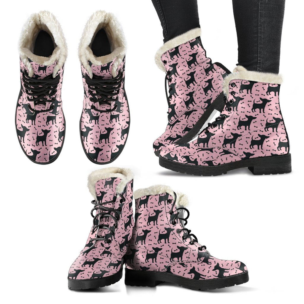 Chihuahua Pink Print Pattern Faux Fur Leather Boots-JTAMIGO.COM