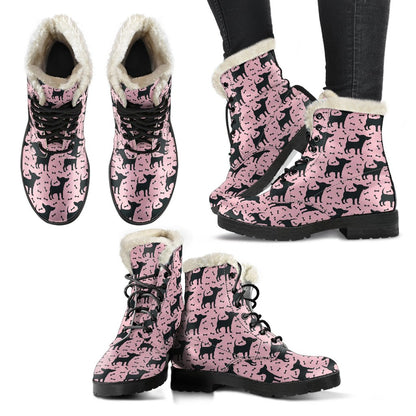 Chihuahua Pink Print Pattern Faux Fur Leather Boots-JTAMIGO.COM