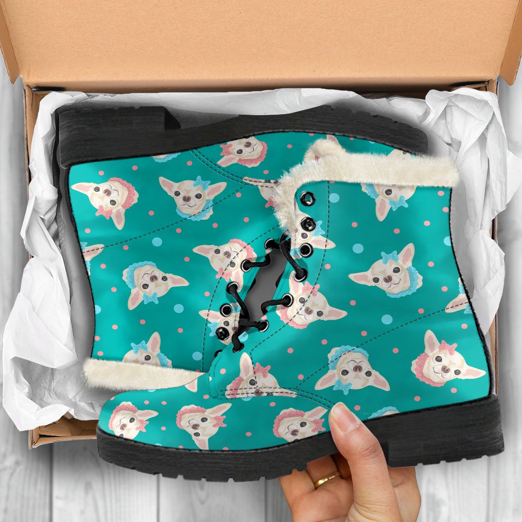 Chihuahua Polka Dot Pattern Faux Fur Leather Boots-JTAMIGO.COM