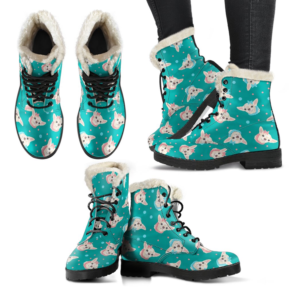 Chihuahua Polka Dot Pattern Faux Fur Leather Boots-JTAMIGO.COM