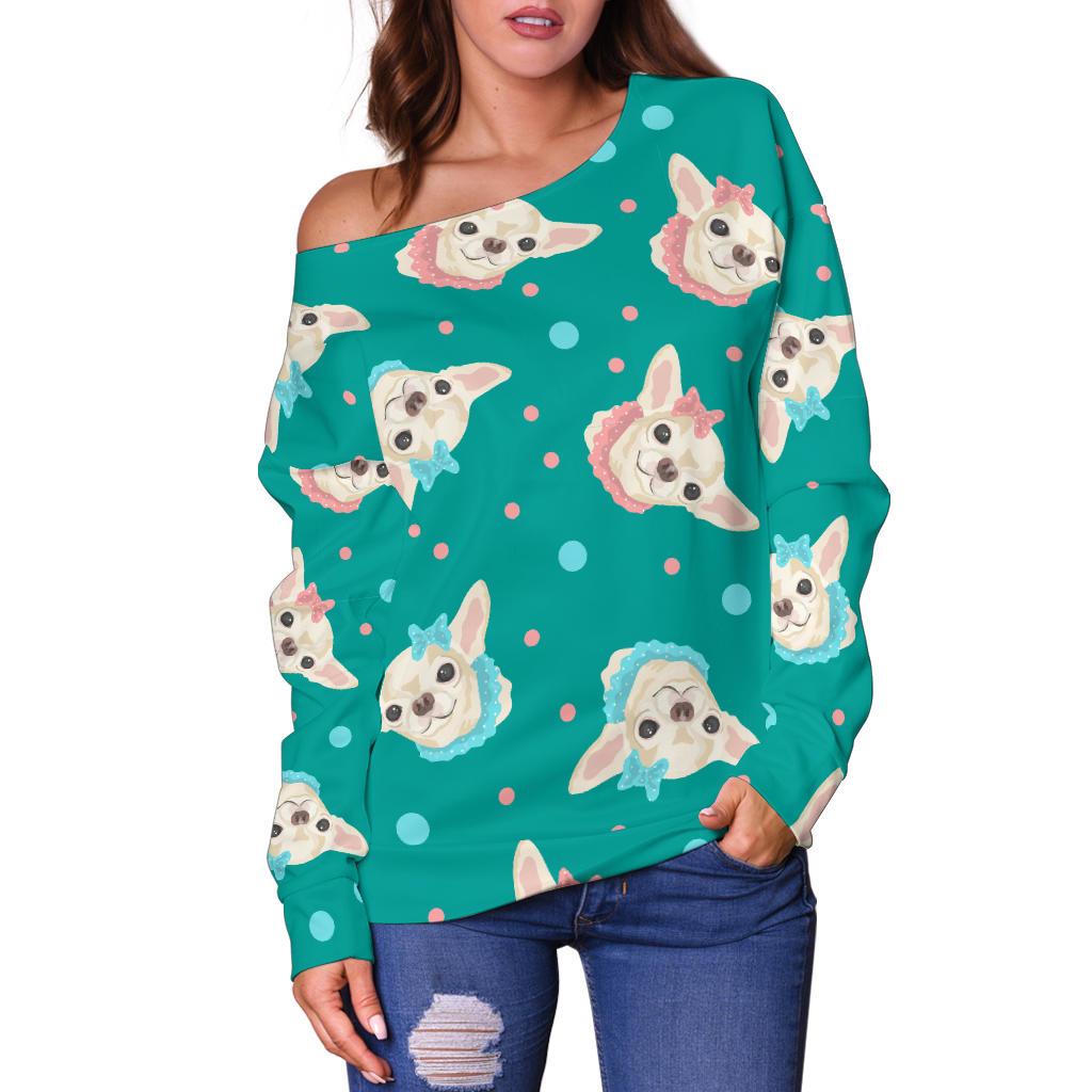 Chihuahua Polka Dot Pattern Off Shoulder Sweatshirt