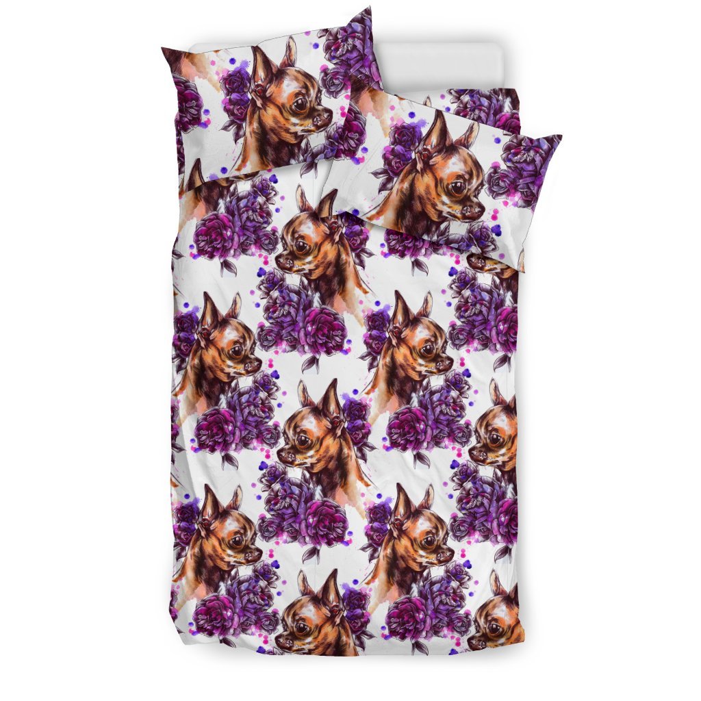Chihuahua Purple Floral Duvet Cover Bedding Set