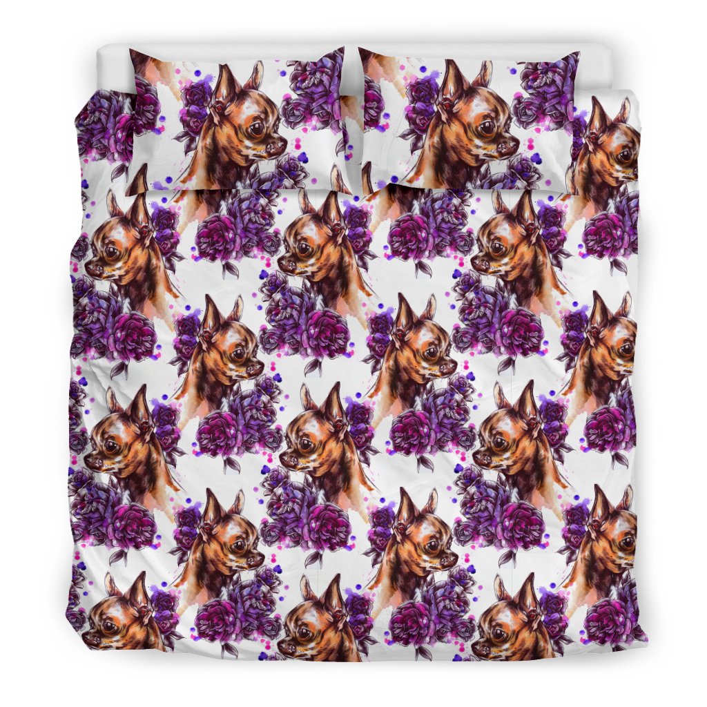 Chihuahua Purple Floral Duvet Cover Bedding Set
