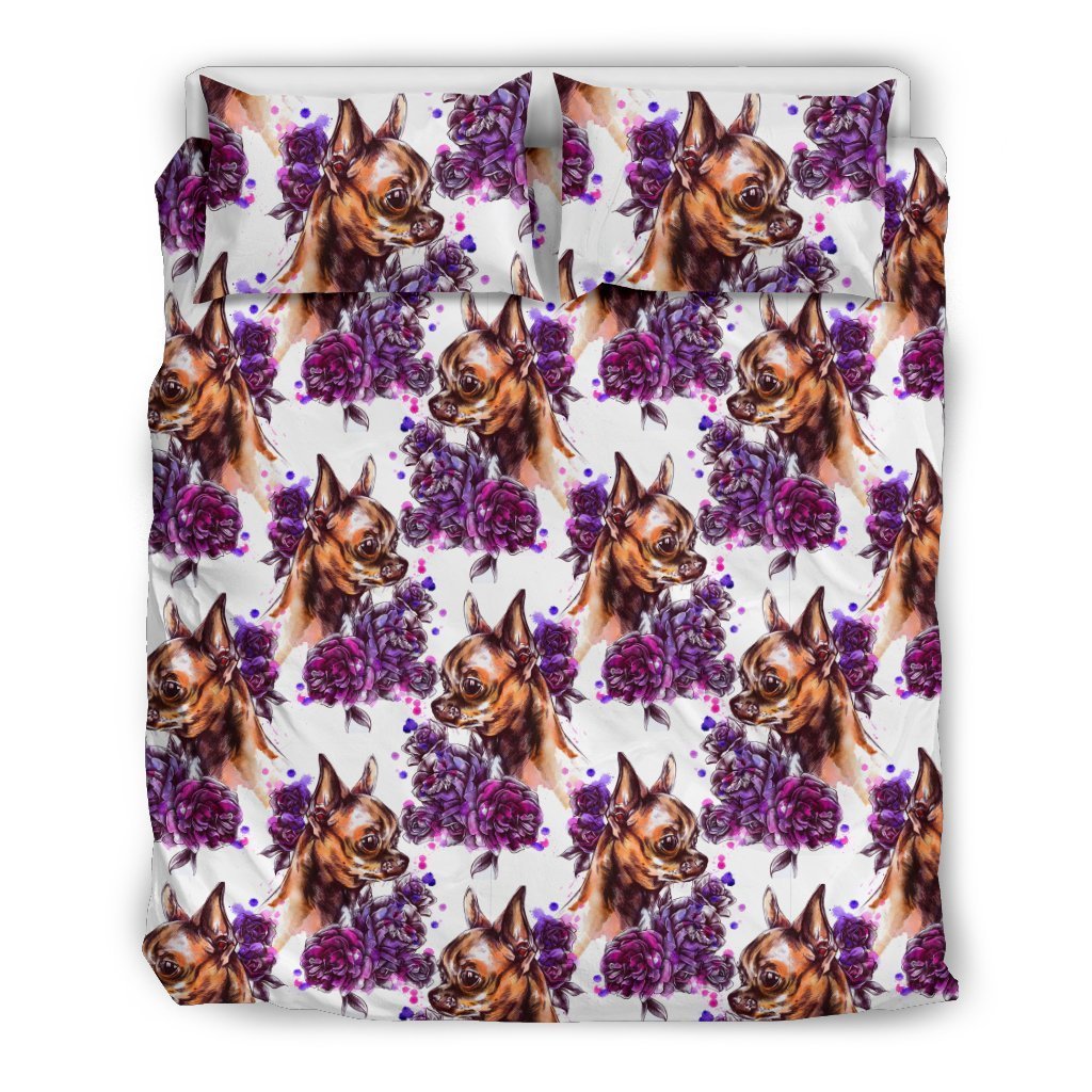 Chihuahua Purple Floral Duvet Cover Bedding Set