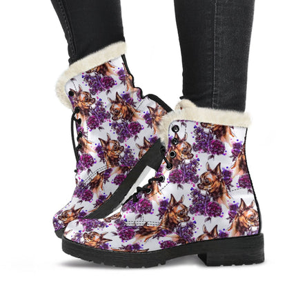 Chihuahua Purple Floral Faux Fur Leather Boots-JTAMIGO.COM