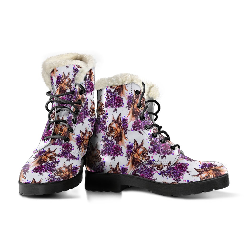 Chihuahua Purple Floral Faux Fur Leather Boots-JTAMIGO.COM