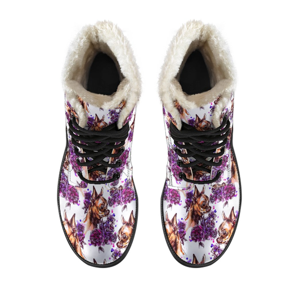 Chihuahua Purple Floral Faux Fur Leather Boots-JTAMIGO.COM