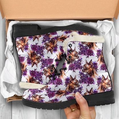 Chihuahua Purple Floral Faux Fur Leather Boots-JTAMIGO.COM