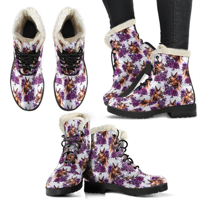 Chihuahua Purple Floral Faux Fur Leather Boots-JTAMIGO.COM