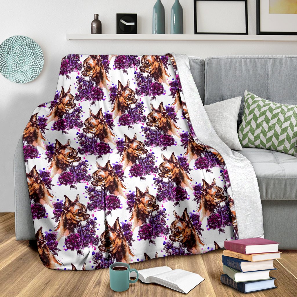 Chihuahua Purple Floral Fleece Blanket