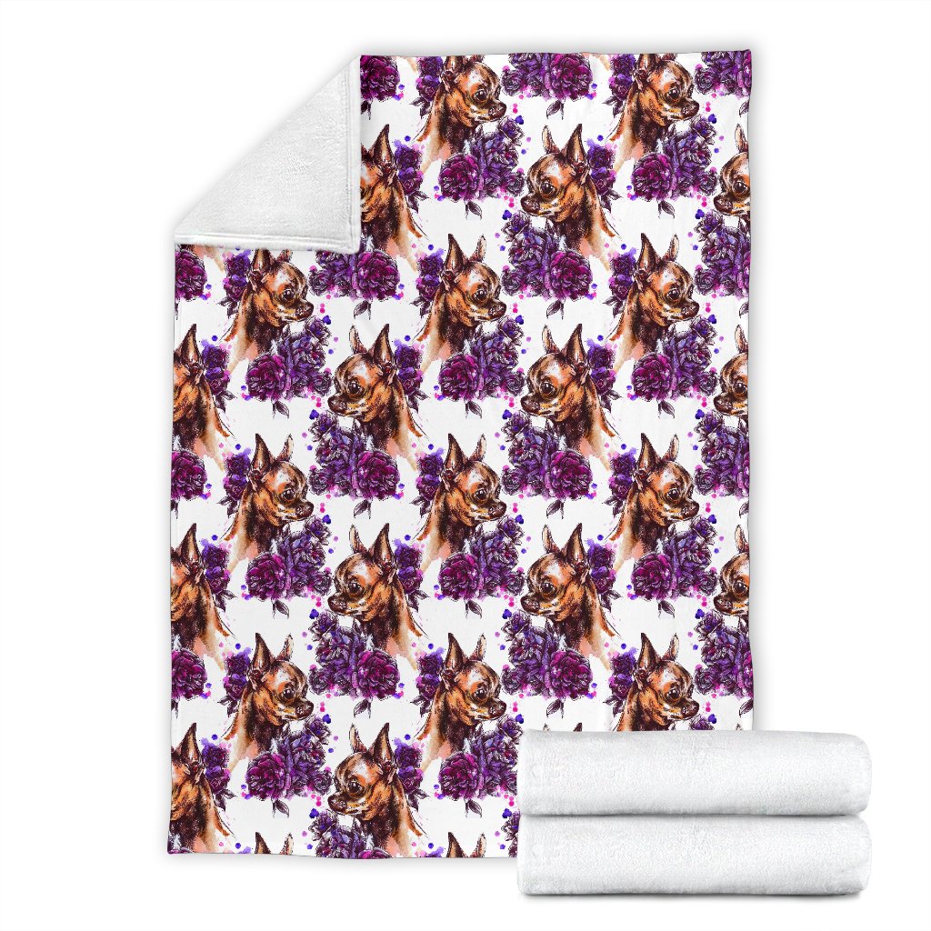 Chihuahua Purple Floral Fleece Blanket