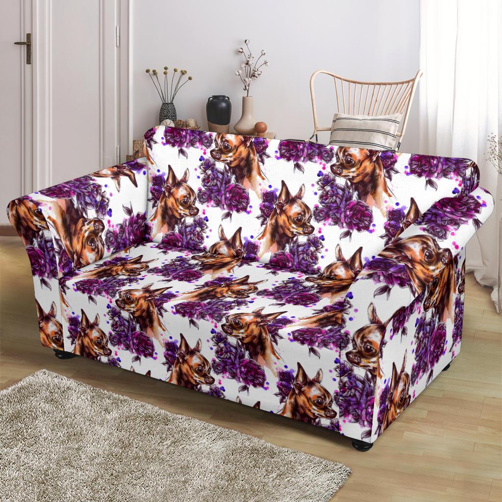 Chihuahua Purple Floral Loveseat Slipcover-JTAMIGO.COM