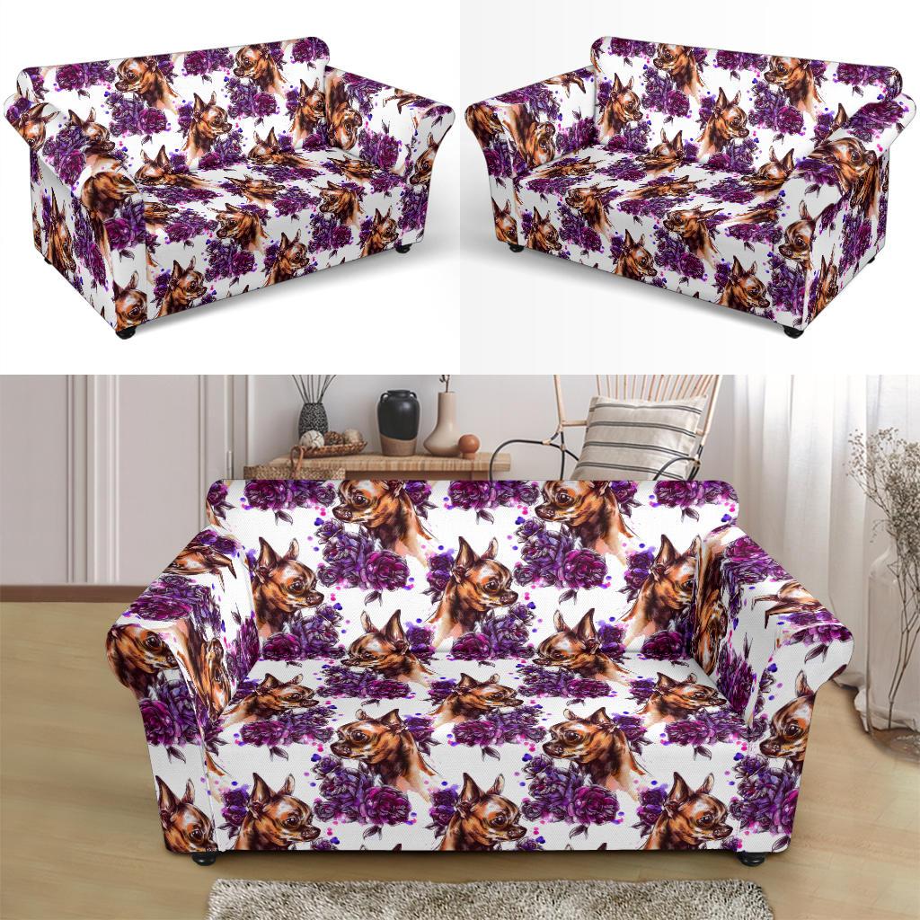 Chihuahua Purple Floral Loveseat Slipcover-JTAMIGO.COM
