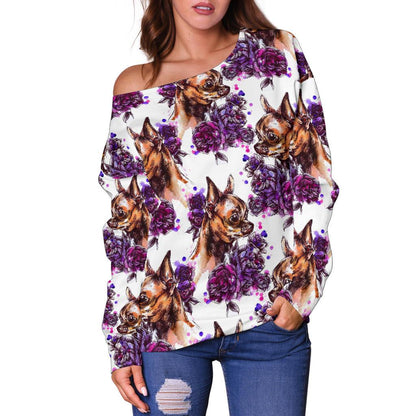 Chihuahua Purple Floral Off Shoulder Sweatshirt