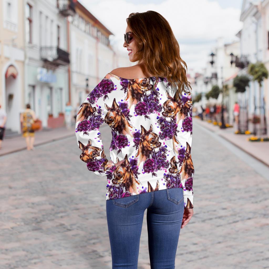 Chihuahua Purple Floral Off Shoulder Sweatshirt