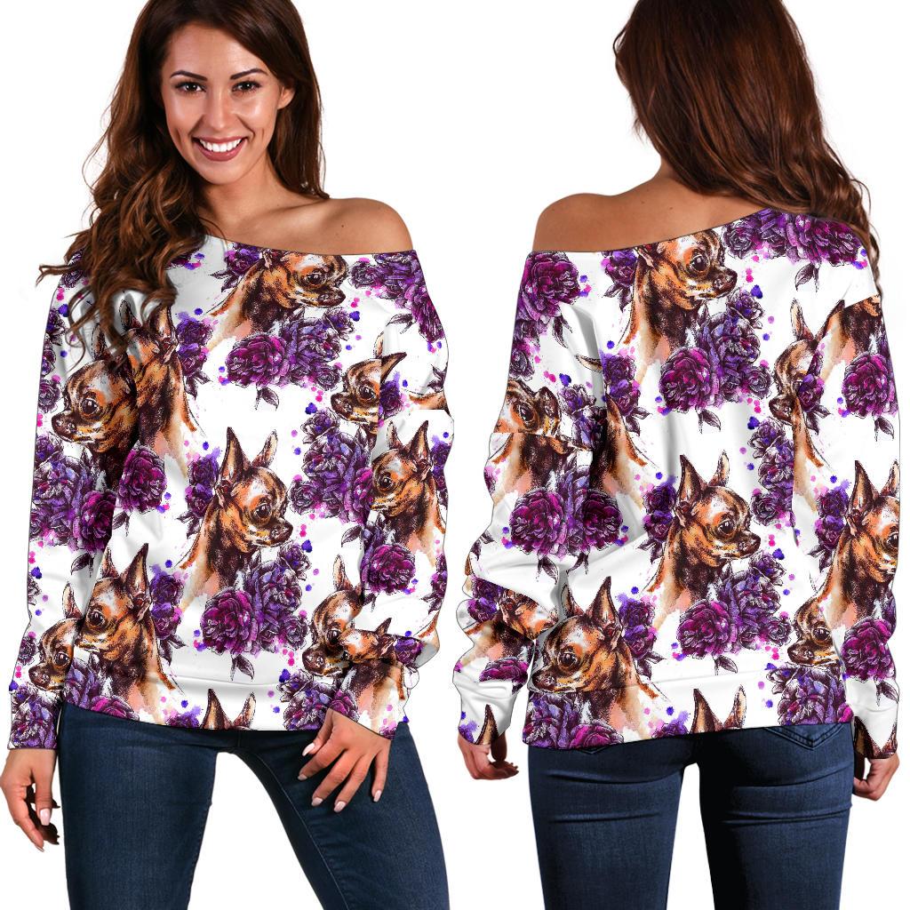 Chihuahua Purple Floral Off Shoulder Sweatshirt
