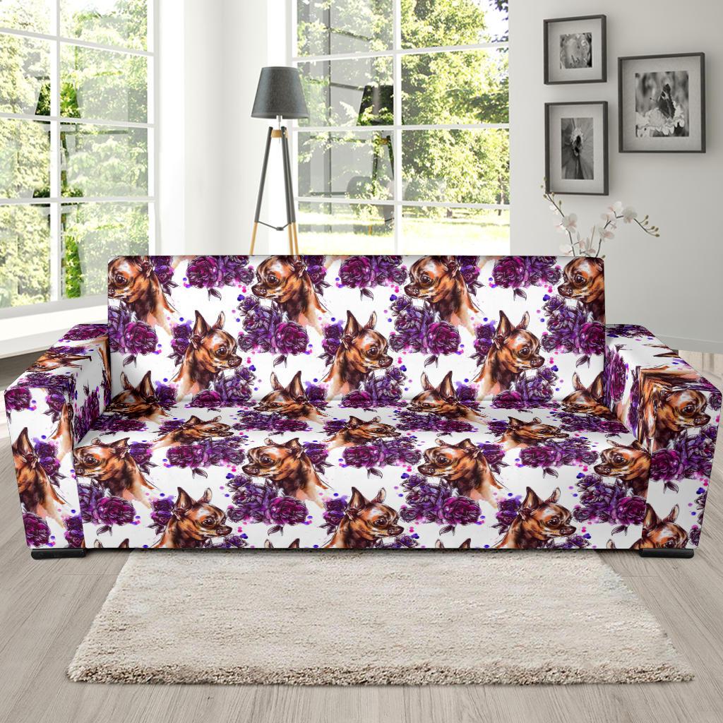 Chihuahua Purple Floral Sofa Slipcover-JTAMIGO.COM