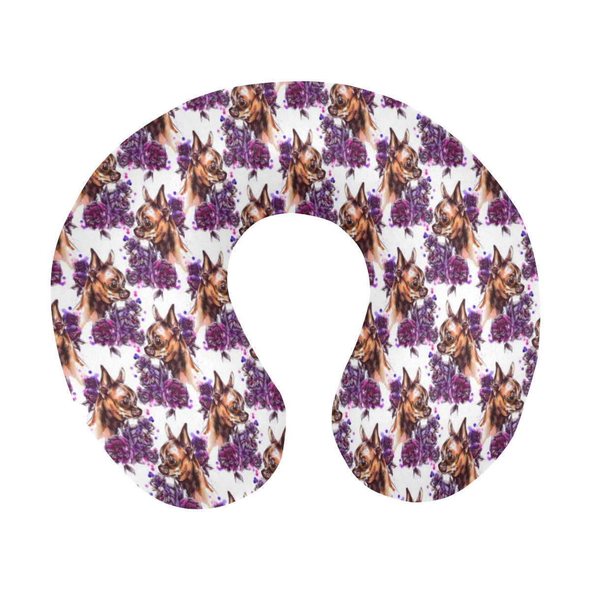 Chihuahua Purple Floral U-Shaped Travel Neck Pillow-JTAMIGO.COM