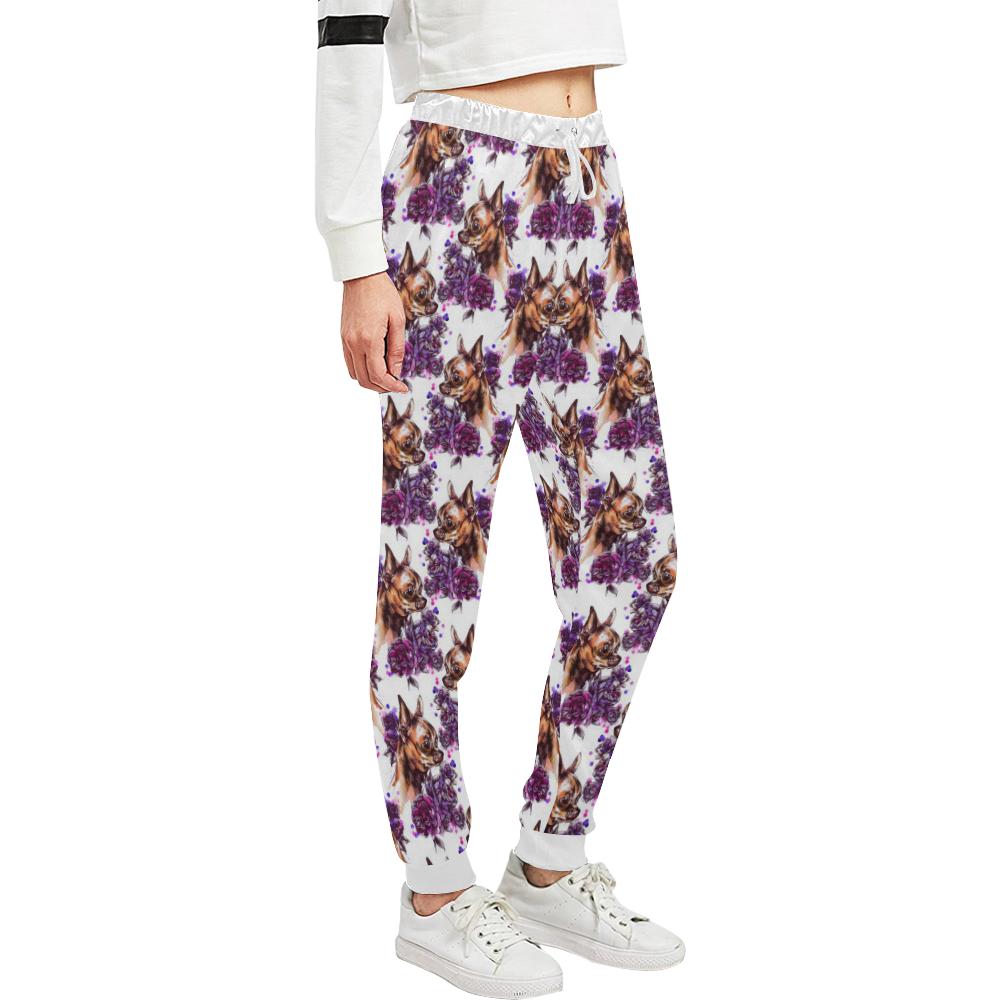 Chihuahua Purple Floral Unisex Casual Sweatpants (Model L11)-JTAMIGO.COM