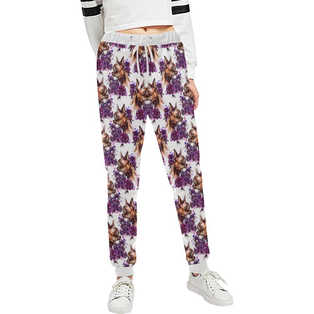 Chihuahua Purple Floral Unisex Casual Sweatpants (Model L11)-JTAMIGO.COM