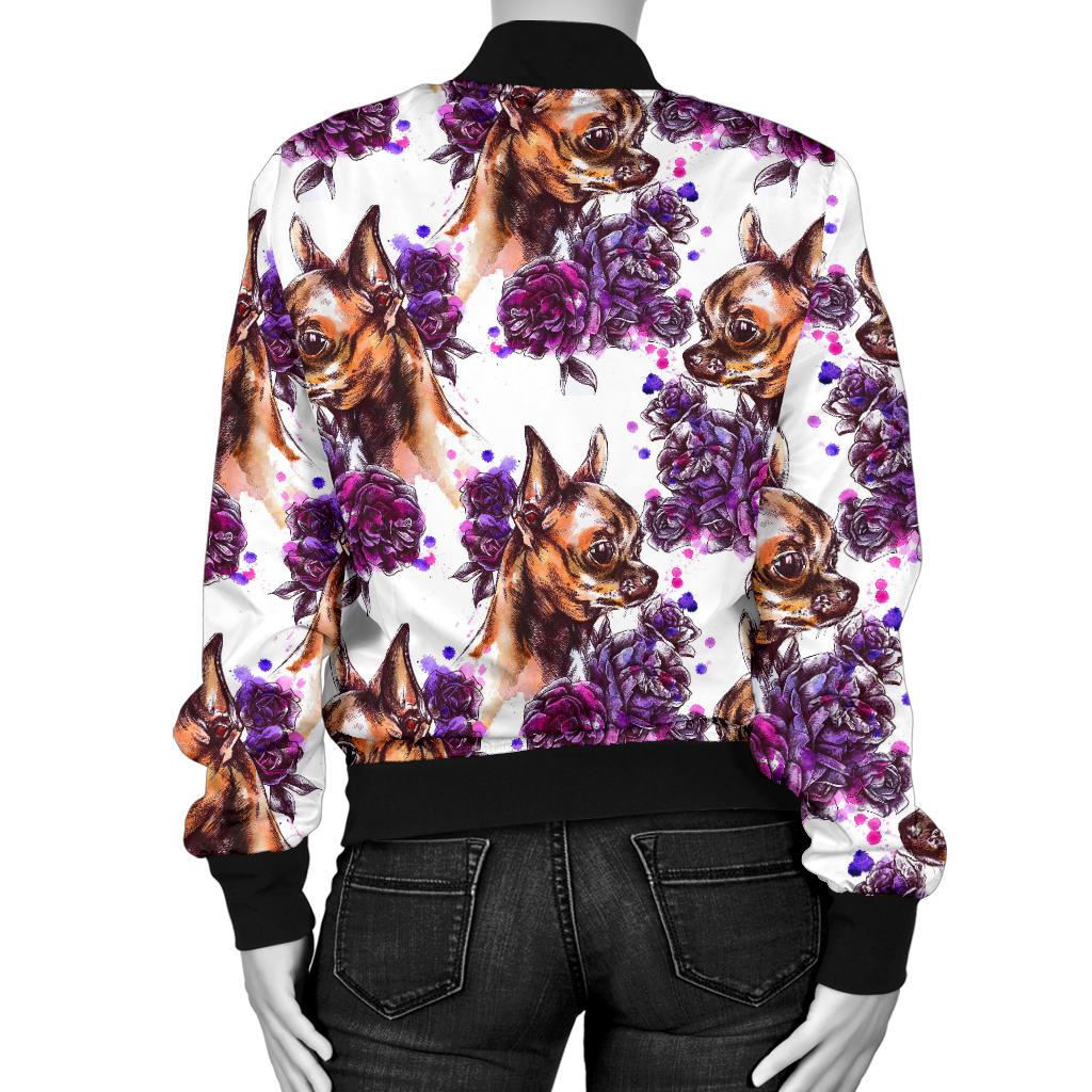 Chihuahua Purple Floral Women Casual Bomber Jacket