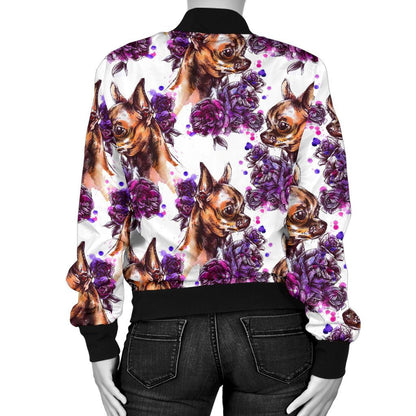 Chihuahua Purple Floral Women Casual Bomber Jacket