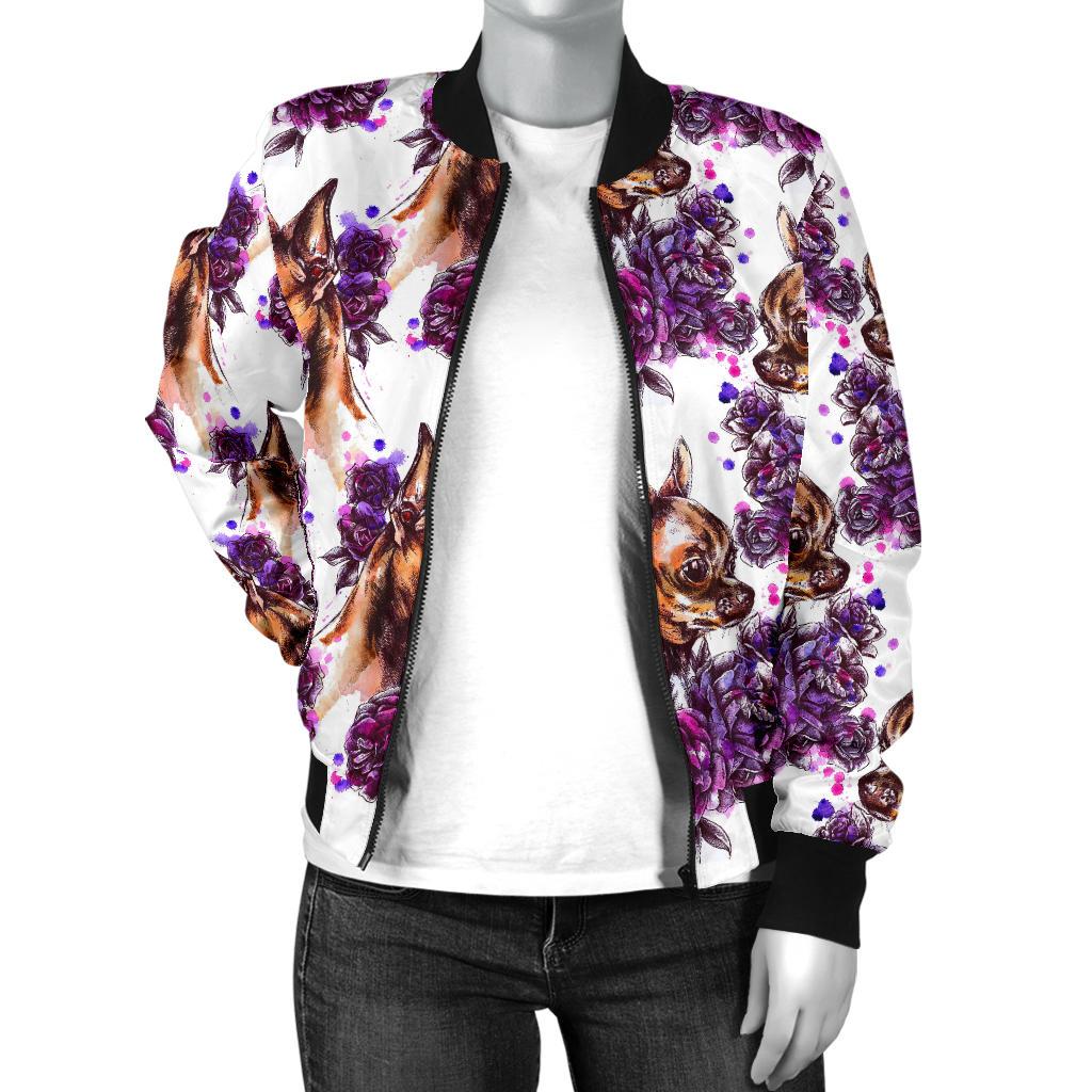 Chihuahua Purple Floral Women Casual Bomber Jacket