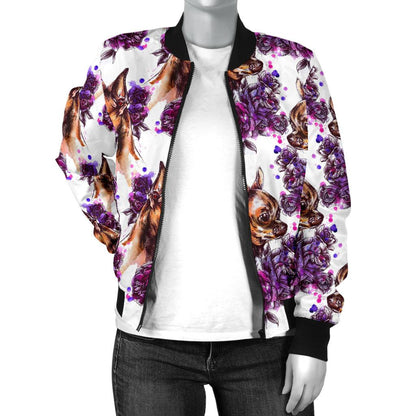 Chihuahua Purple Floral Women Casual Bomber Jacket