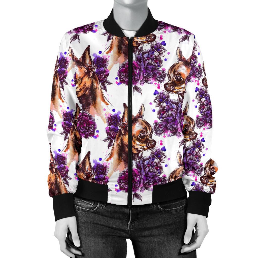Chihuahua Purple Floral Women Casual Bomber Jacket