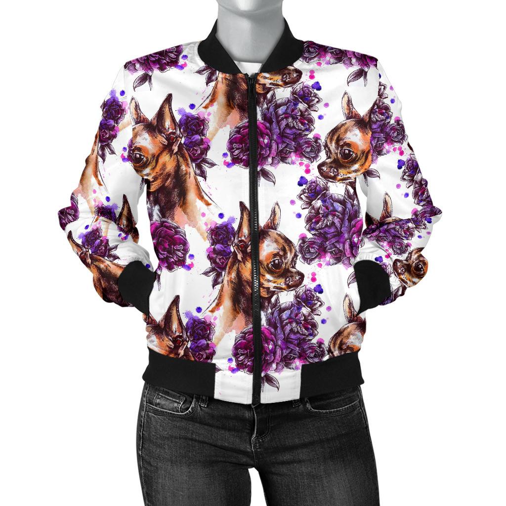 Chihuahua Purple Floral Women Casual Bomber Jacket